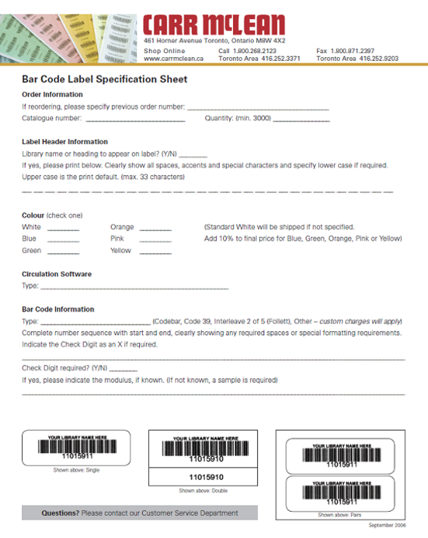 Bar code Order Form